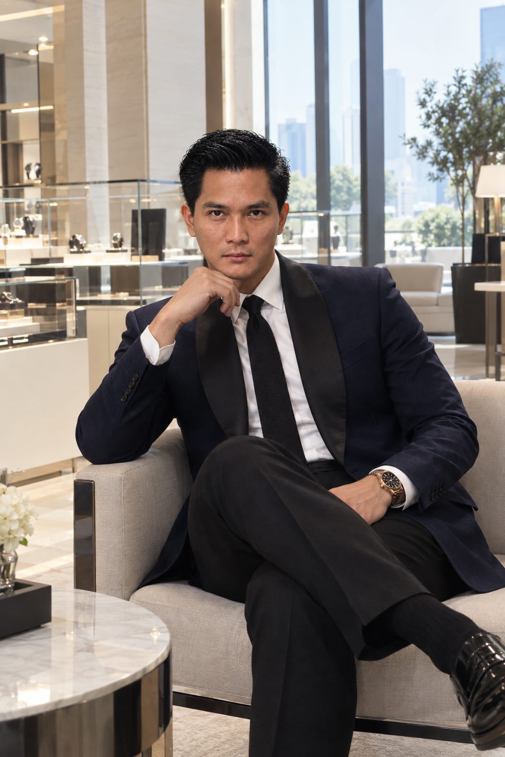 Portrait of Second Chu, founder of VIDRIO, seated in a luxury boutique lounge
