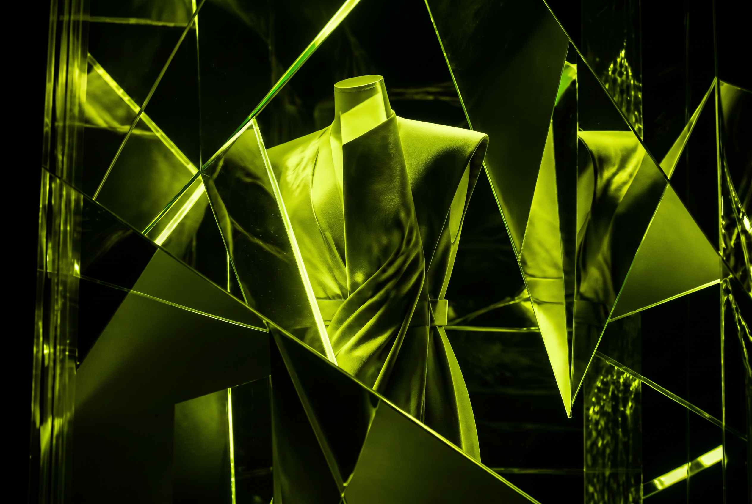 Fragmented mirrored window display of a tailored garment under acid lime light