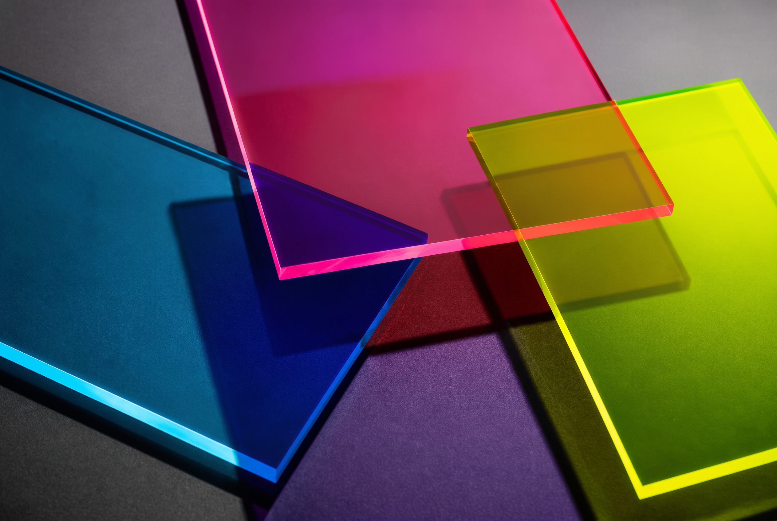 Overlapping translucent cyan, magenta and lime glass panes