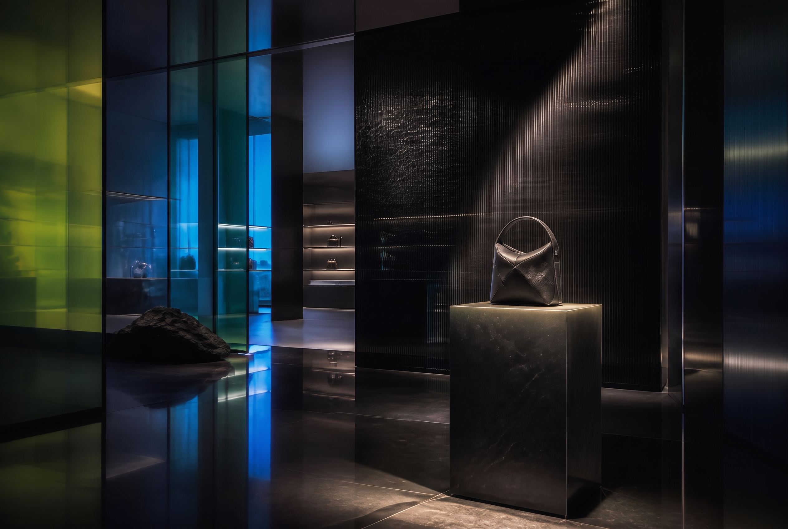 Luxury retail interior with layered translucent colored glass and a single illuminated product display